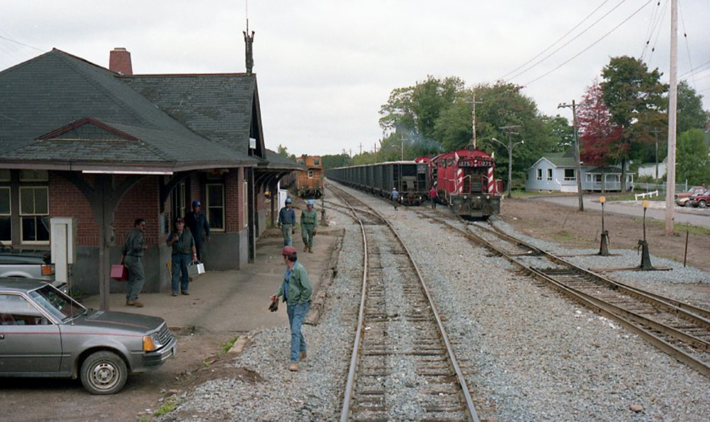CP train and the train station in Hantsport, Nova Scotia, 1989